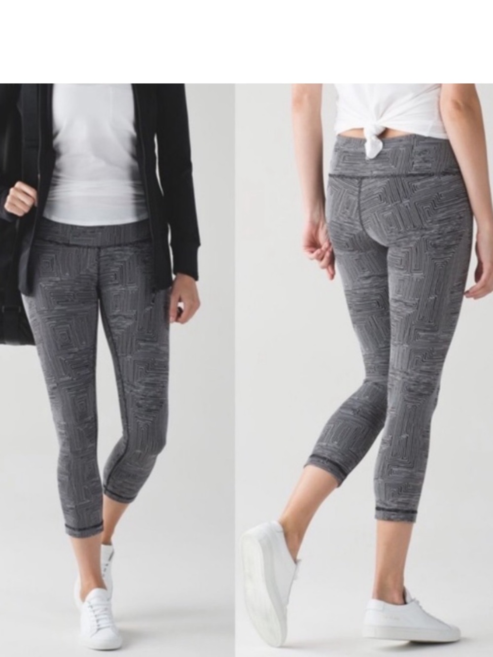 Lululemon Wunder Under Crop III leggings in Maze Jacquard White Black pattern.